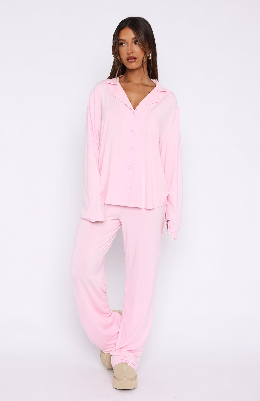 White Fox Pillow Talk Long Sleeve Pyjama Set Baby Pink