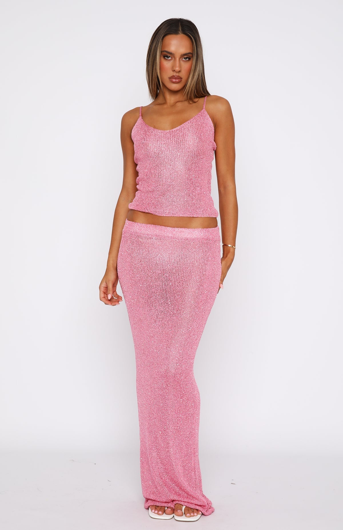White Fox Love Galore Sequin Knit Top Bubblegum