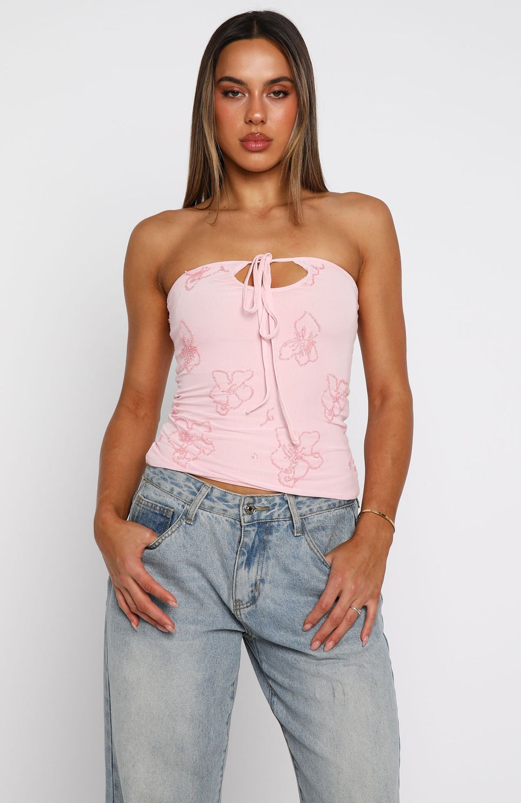 White Fox Glow Season Beaded Strapless Top Baby Pink