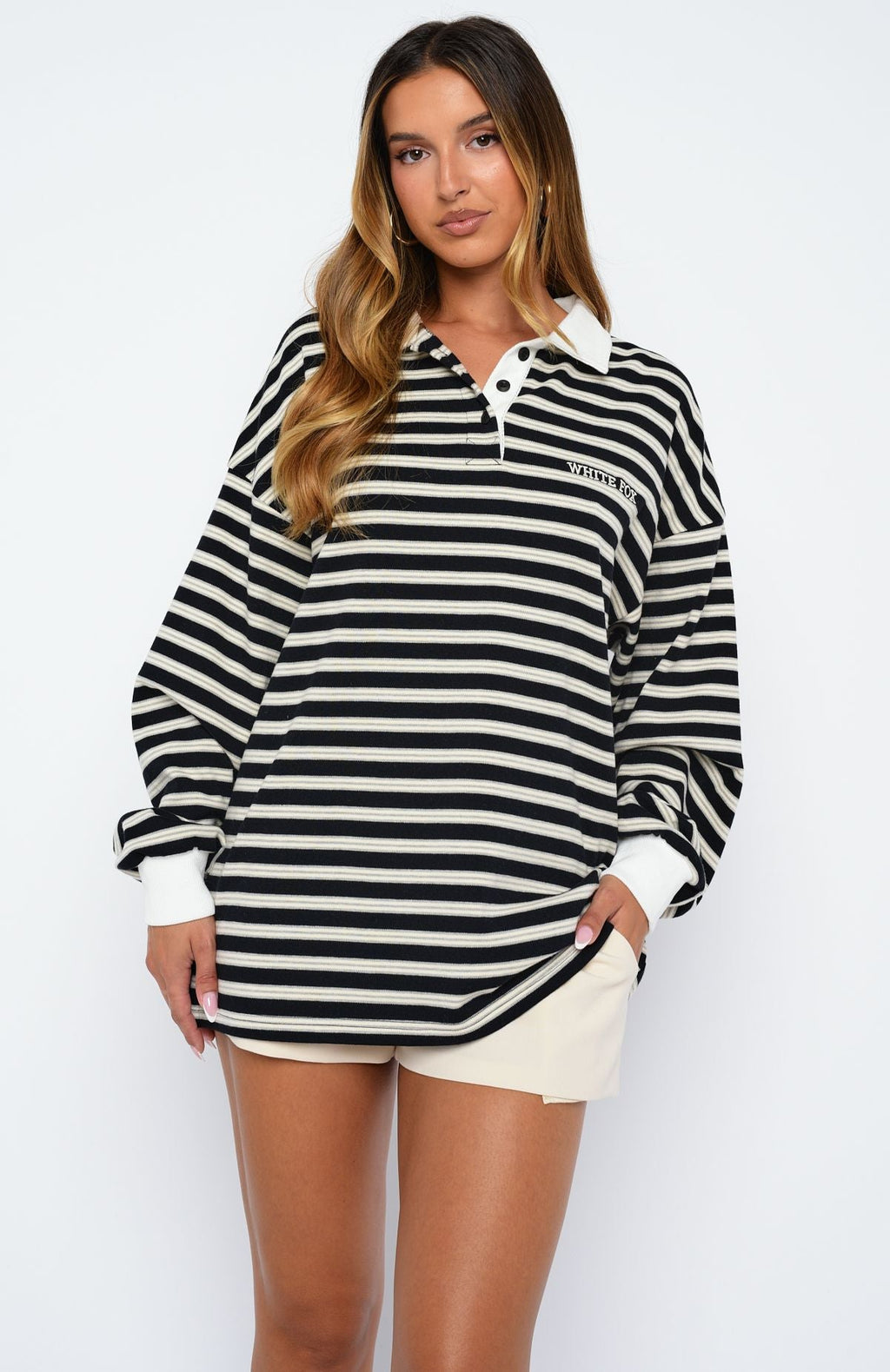 White Fox Out Again Long Sleeve Rugby Shirt Black/Grey Stripe