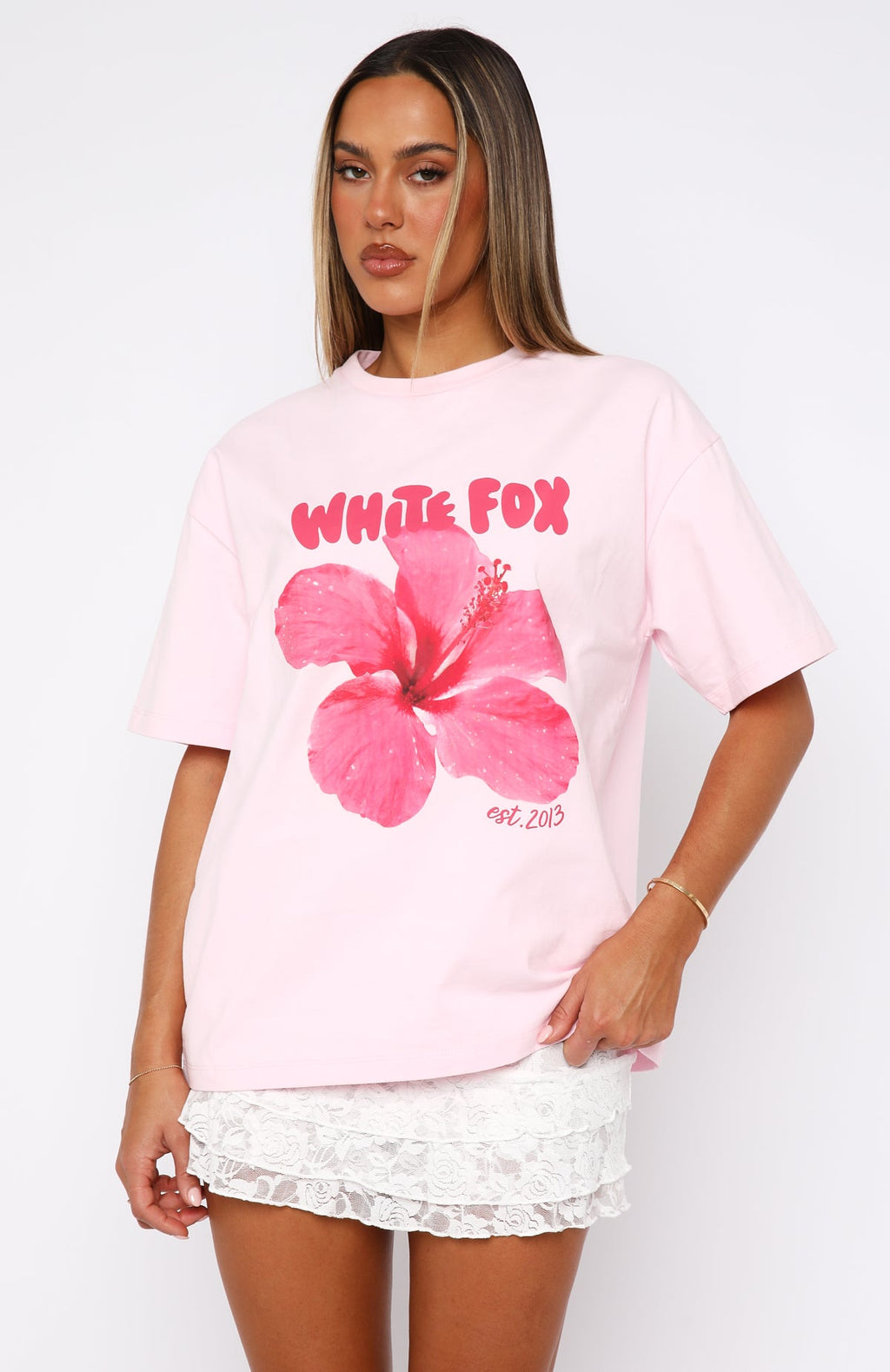 White Fox With Love & Romance Oversized Tee Baby Pink