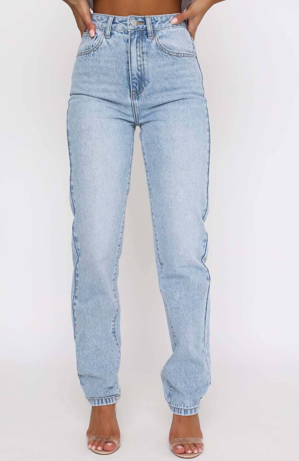 White Fox Who's That Girl Straight Leg Denim Jeans Washed Blue