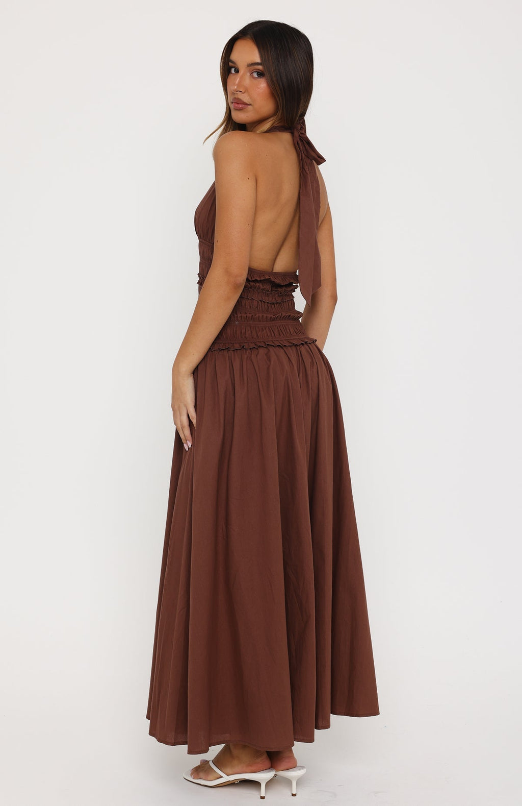 White Fox Lucky Enough Halter Maxi Dress Dark Chocolate
