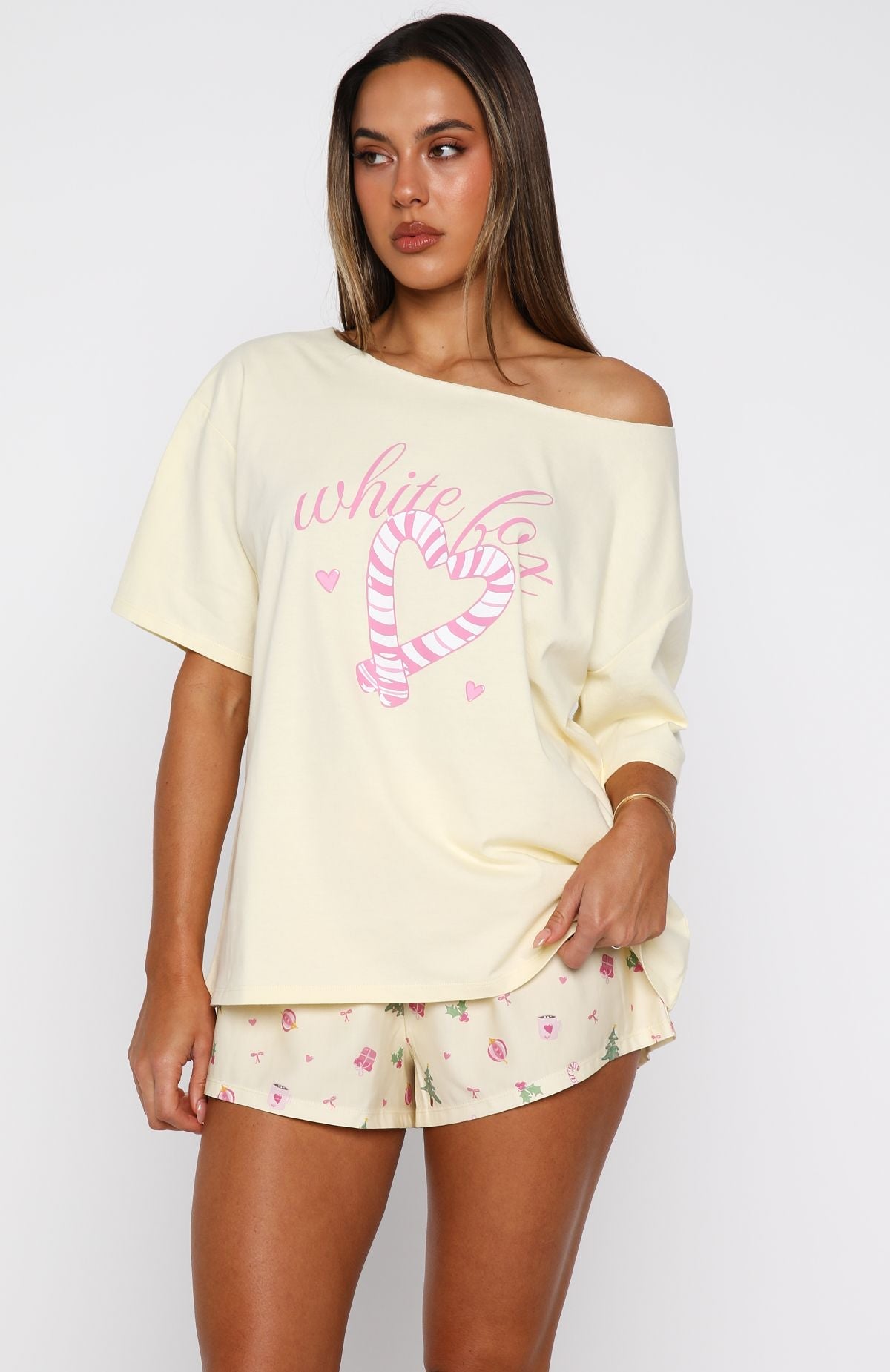 White Fox Sweetheart Pyjama Off Shoulder Tee Lemon