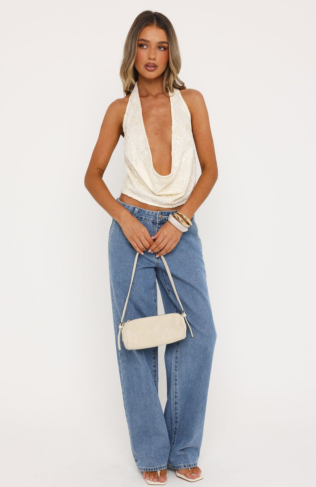 White Fox Come Back For More Cowl Halter Top Cream