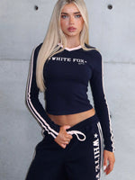 White Fox Star Of The Night Long Sleeve V Neck Baby Tee Navy