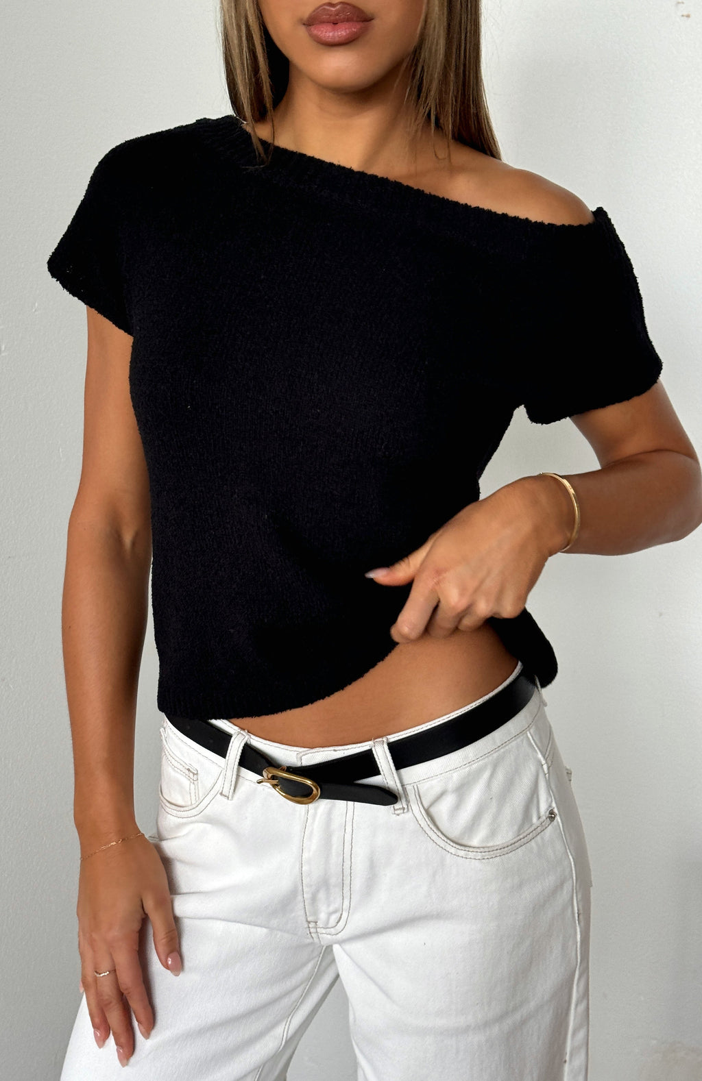 White Fox Finding Time Off Shoulder Knit Top Black