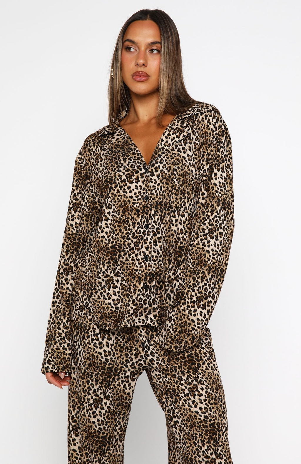 White Fox Pillow Talk Printed Long Sleeve Pyjama Set Leopard