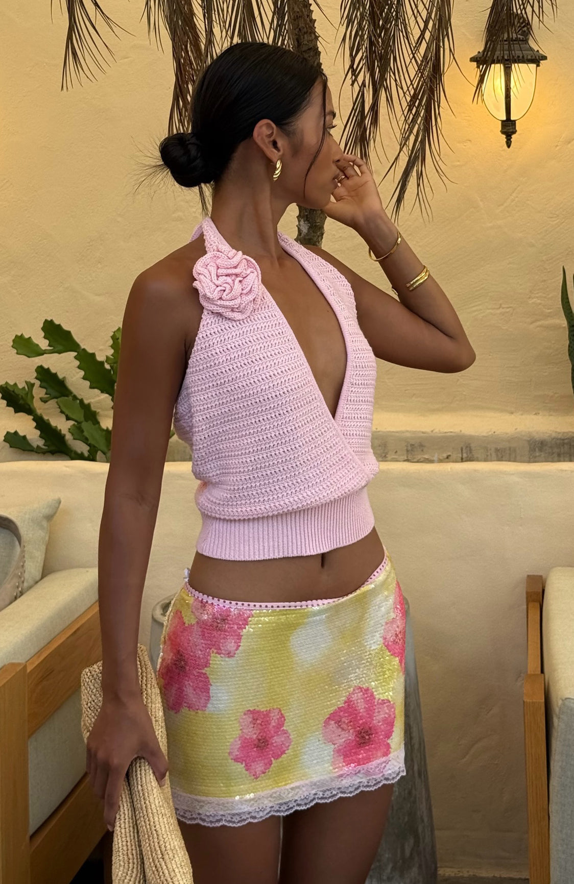White Fox Midnight Riffs Crochet Top Baby Pink