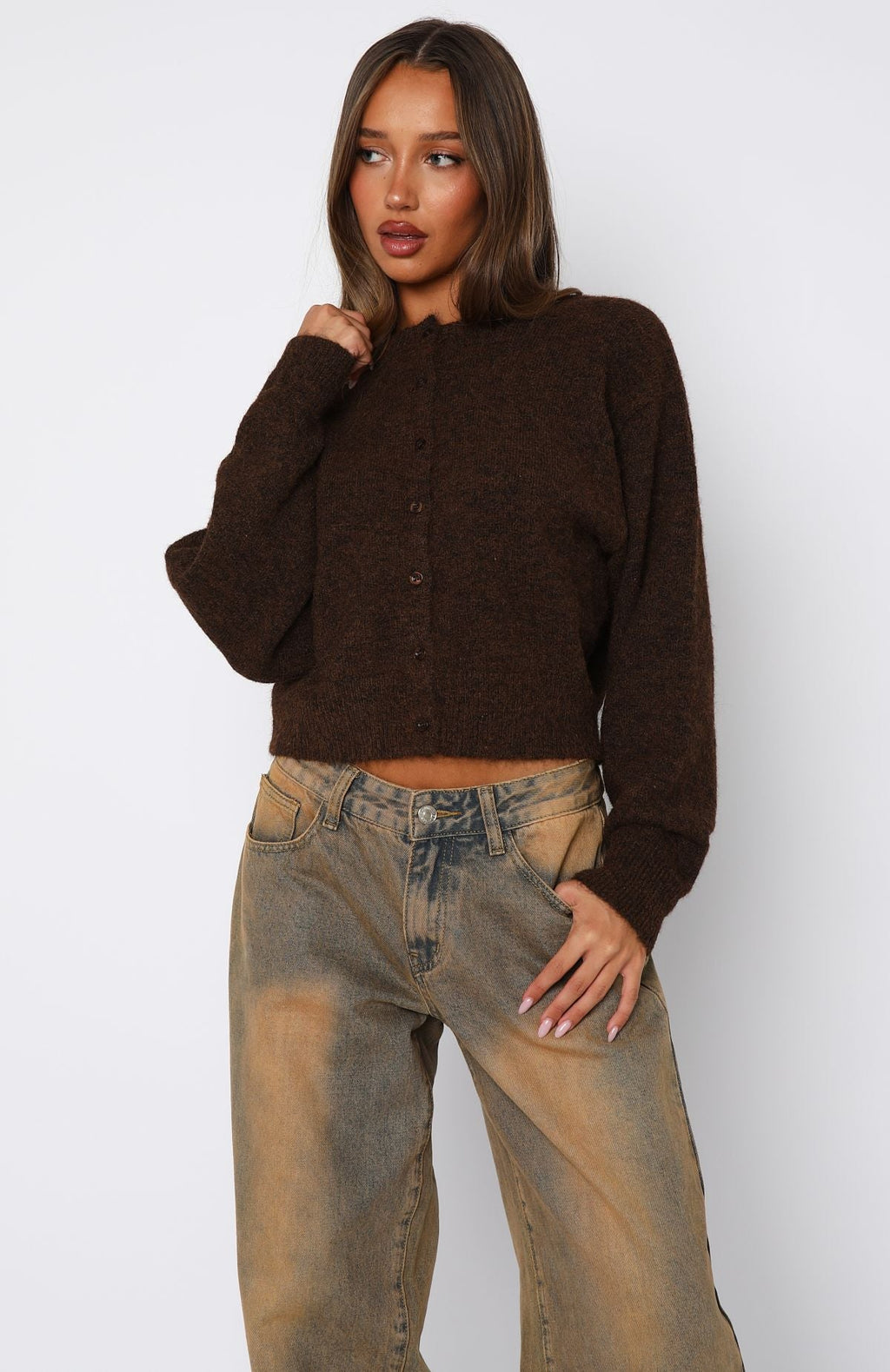 White Fox Warm Whispers Knit Cardigan Chocolate