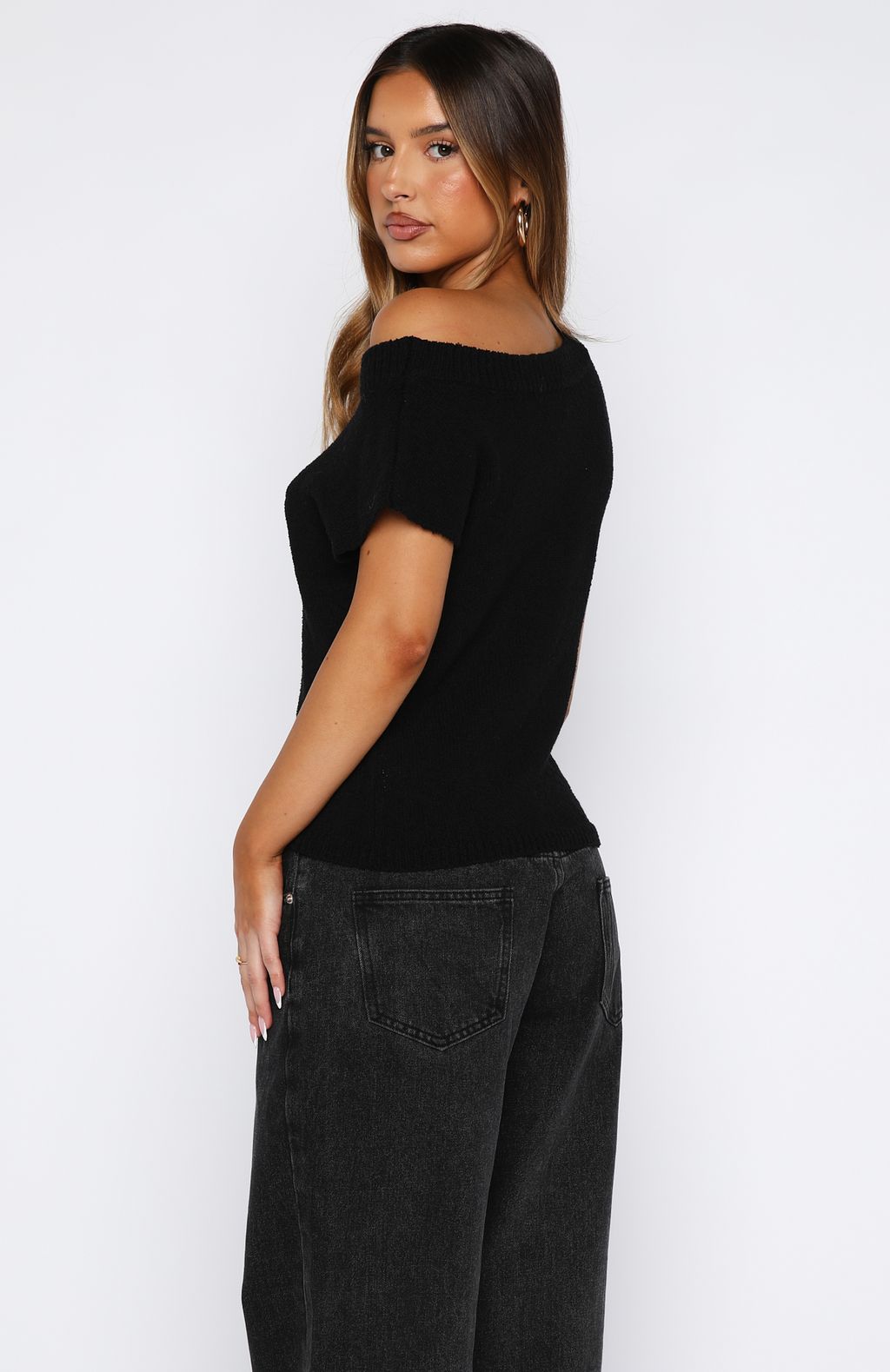 White Fox Finding Time Off Shoulder Knit Top Black
