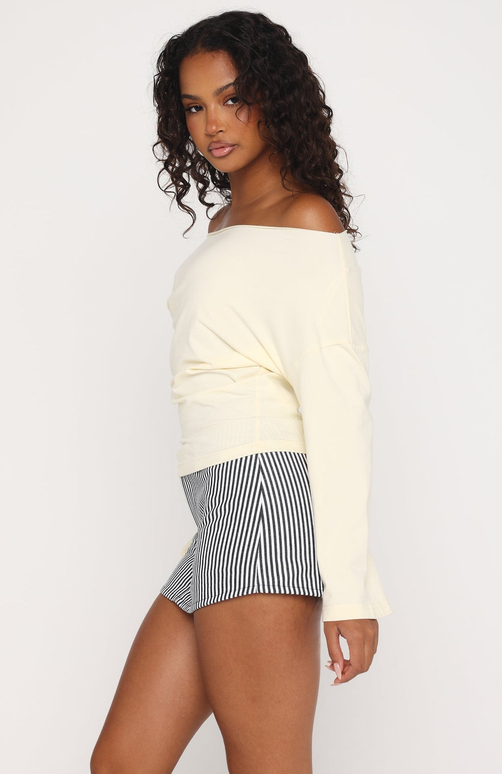 White Fox Falling For Him Cinched Waist Off Shoulder Long Sleeve Top Butter