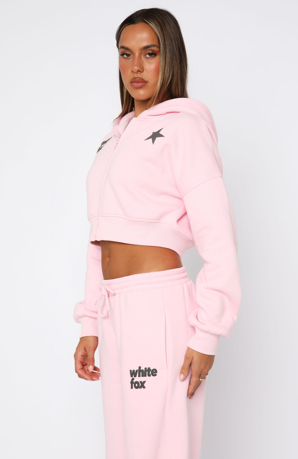 White Fox From The Archives Charli Cropped Zip Front Hoodie Pink