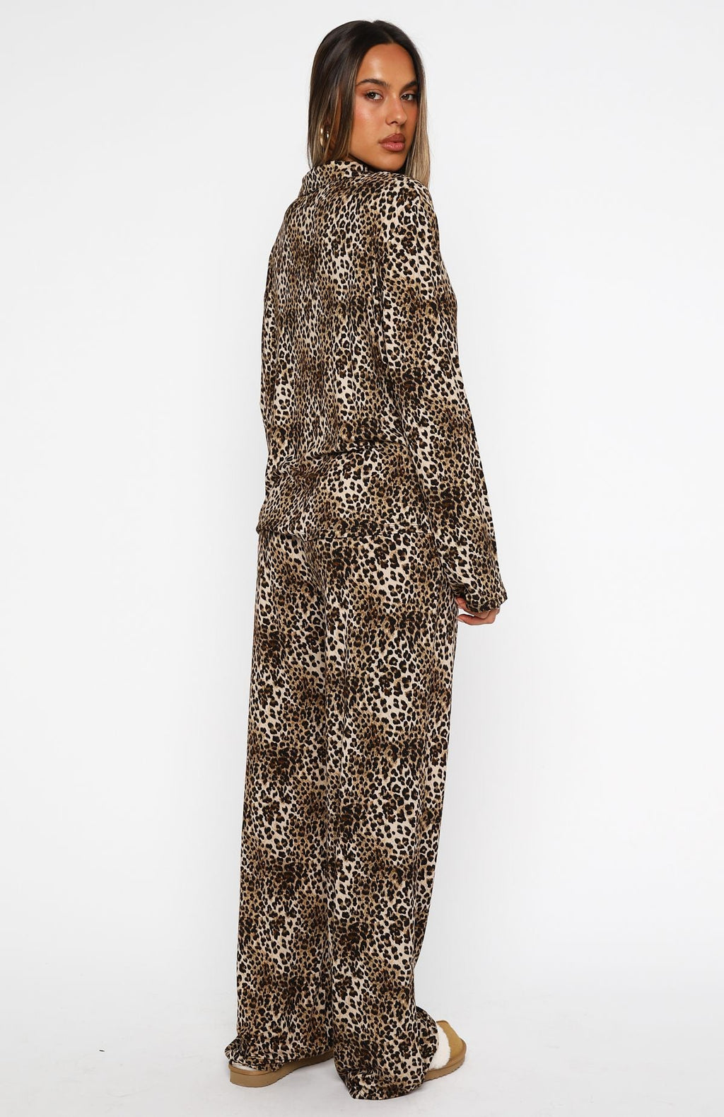 White Fox Pillow Talk Printed Long Sleeve Pyjama Set Leopard
