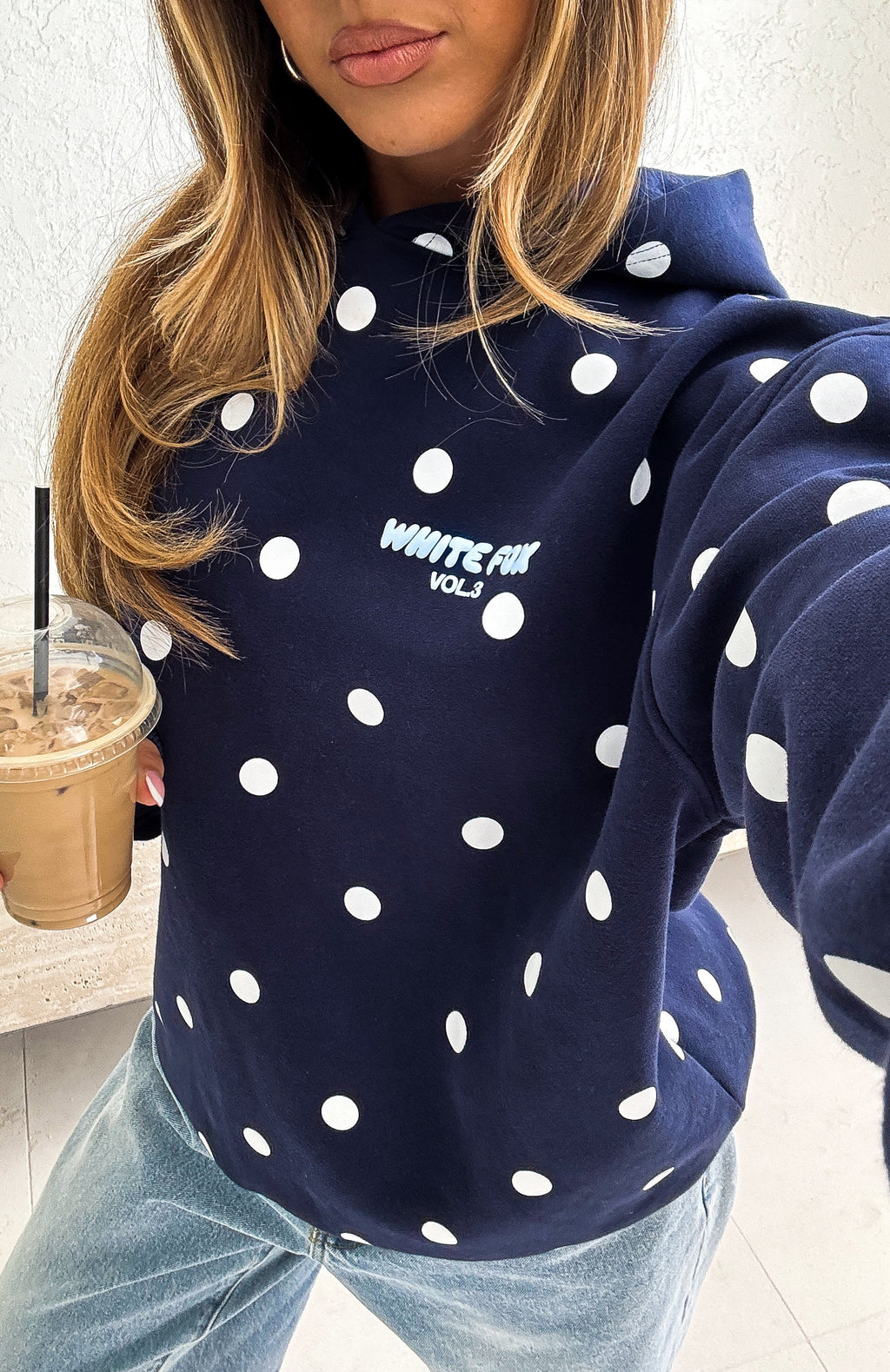White Fox Offstage Printed Oversized Hoodie Navy Polka Dot