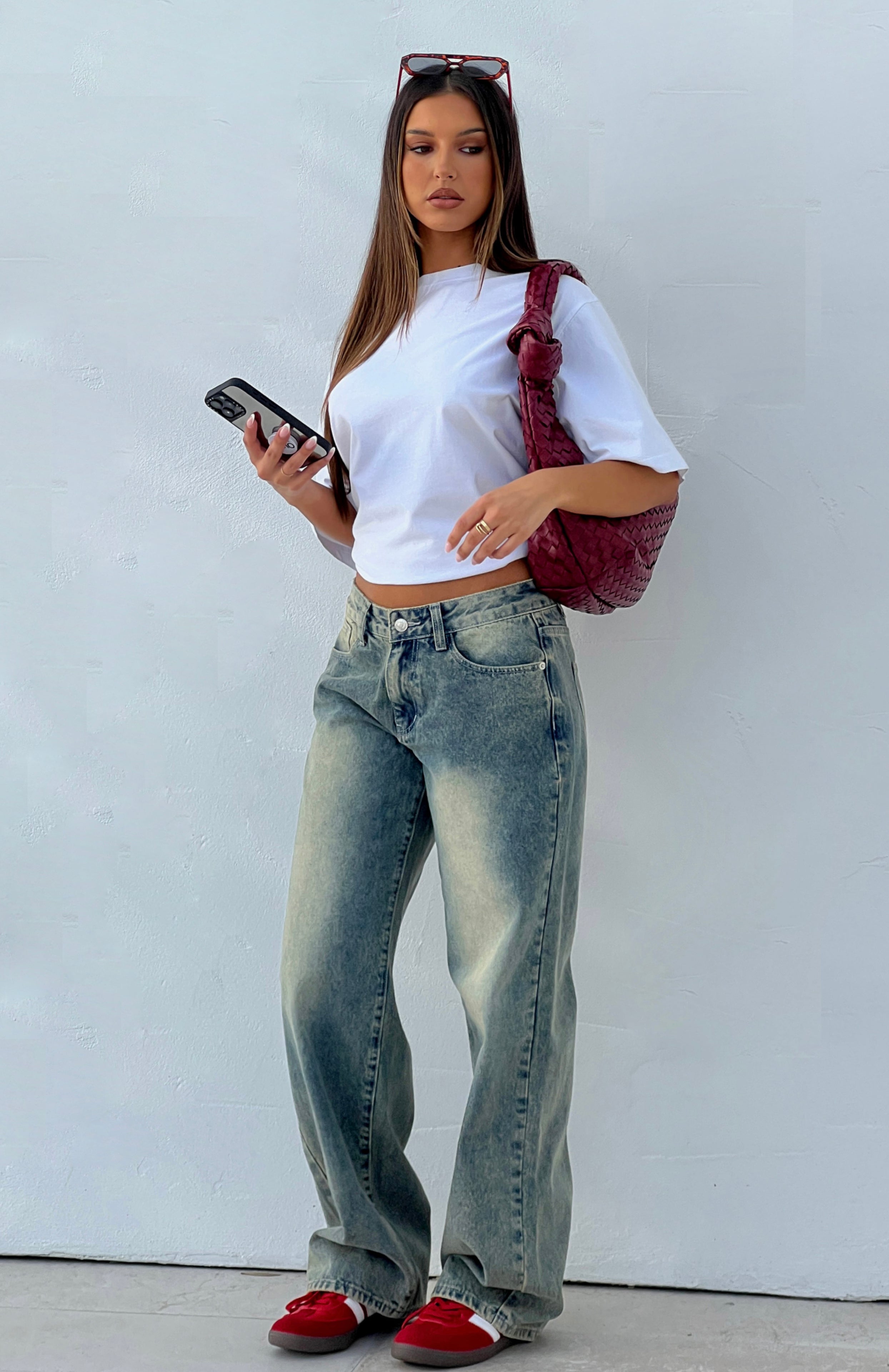 White Fox Bring The Style Low Rise Wide Leg Jeans Sand