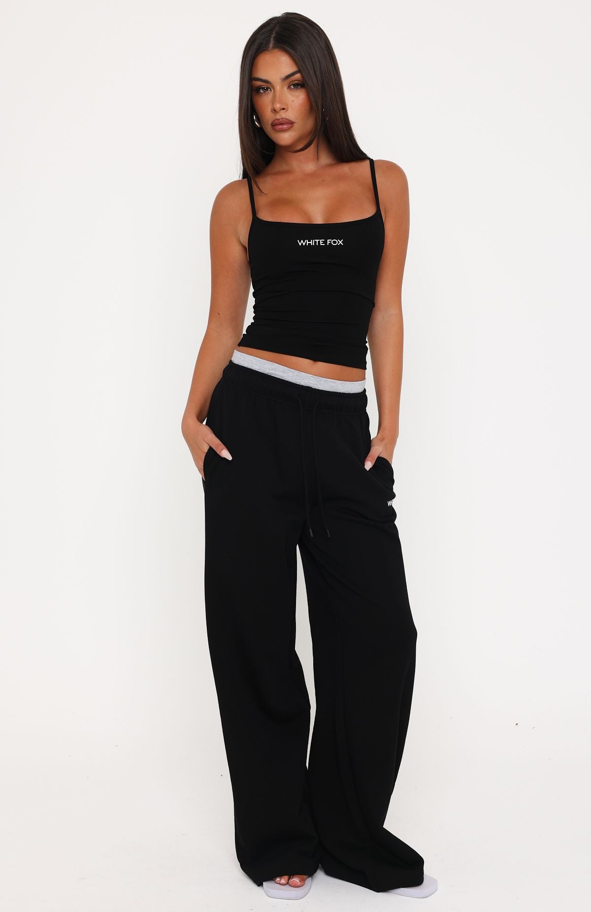 White Fox Off The Field Double Waistband Wide Leg Sweatpants Black