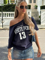 White Fox Everything In Time Off Shoulder Oversized Tee Navy