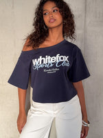 White Fox I've Got That Feeling Boxy Off Shoulder Tee Navy