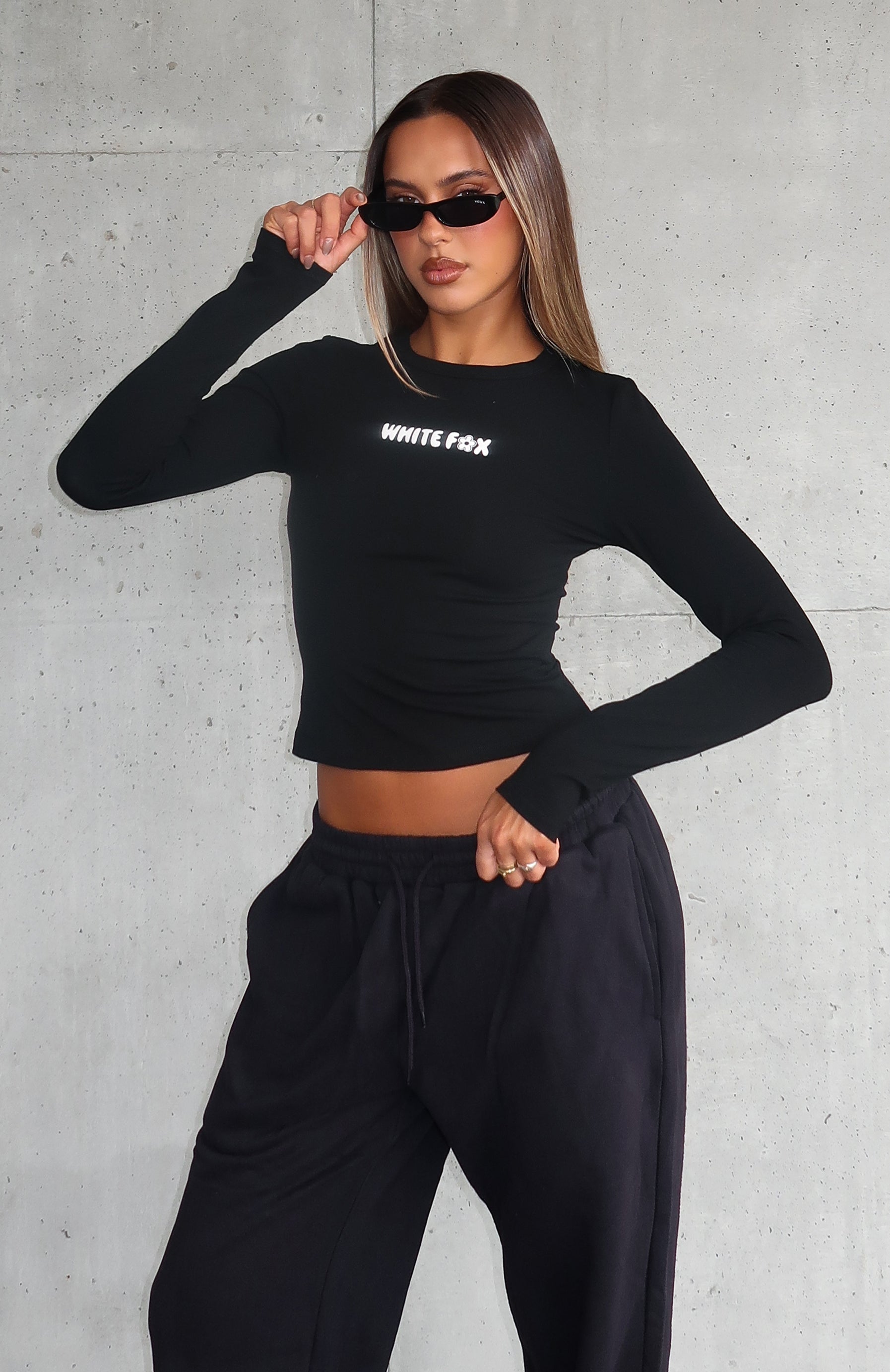 White Fox Love Addiction Long Sleeve Baby Tee Black