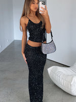 White Fox Star Shining Sequin Knit Maxi Skirt Black