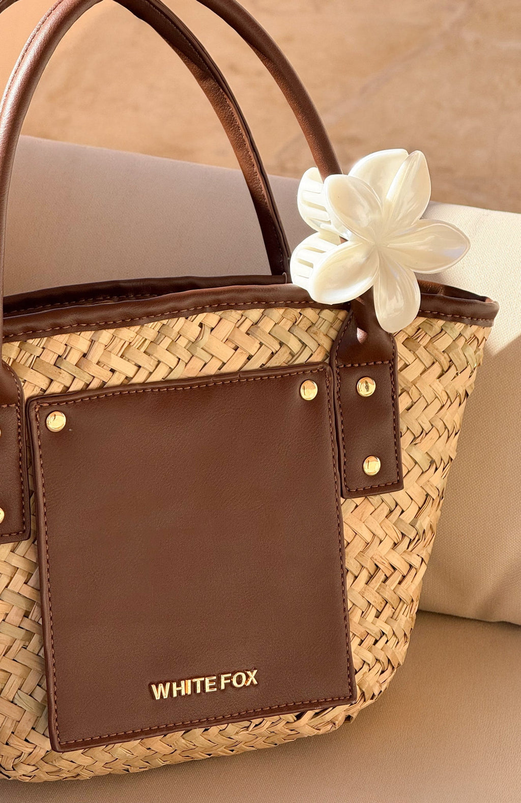 White Fox Vivienne Straw Top Handle Bag Chocolate