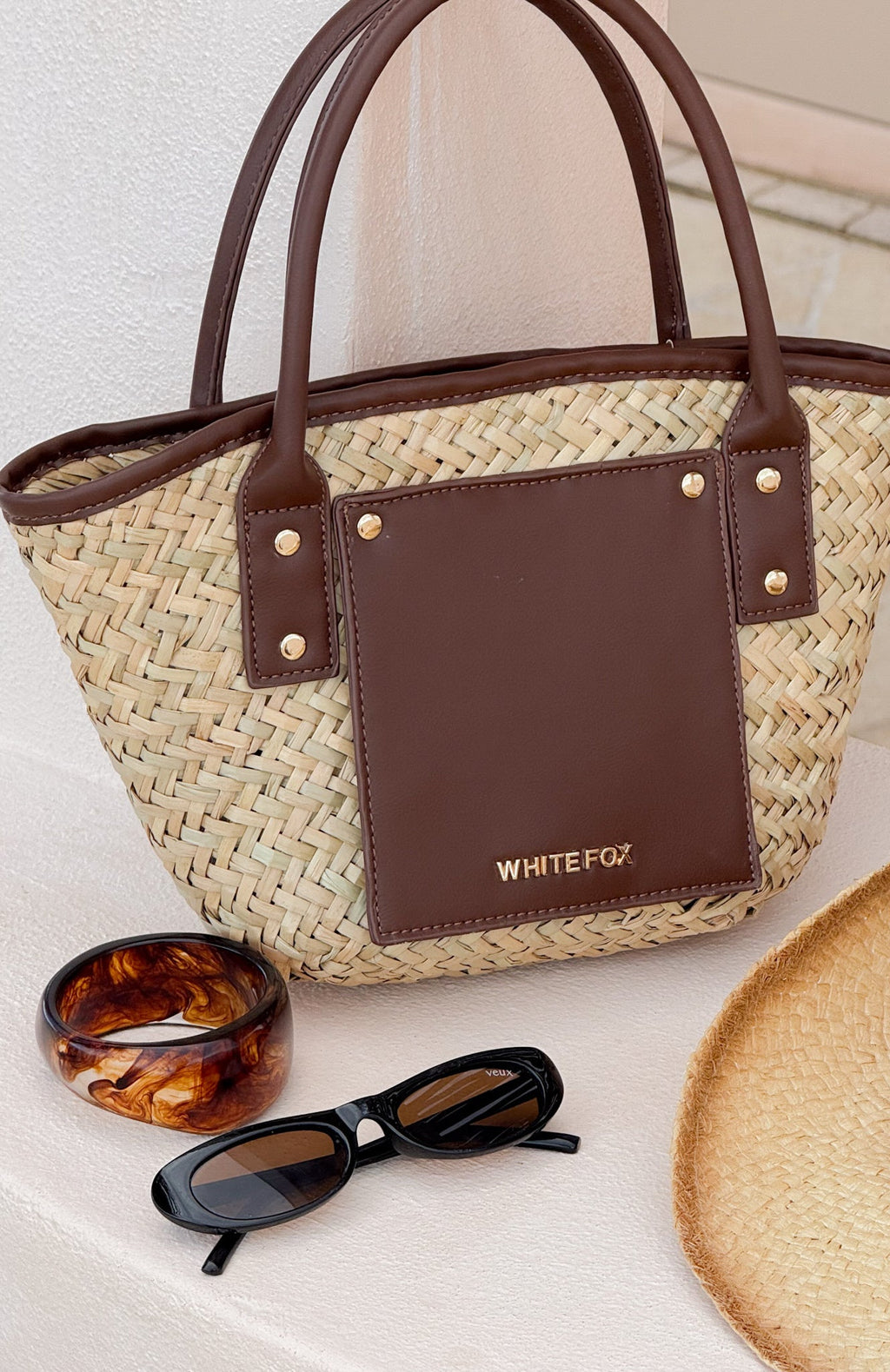 White Fox Vivienne Straw Top Handle Bag Chocolate