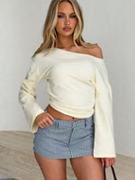 White Fox Falling For Him Cinched Waist Off Shoulder Long Sleeve Top Butter