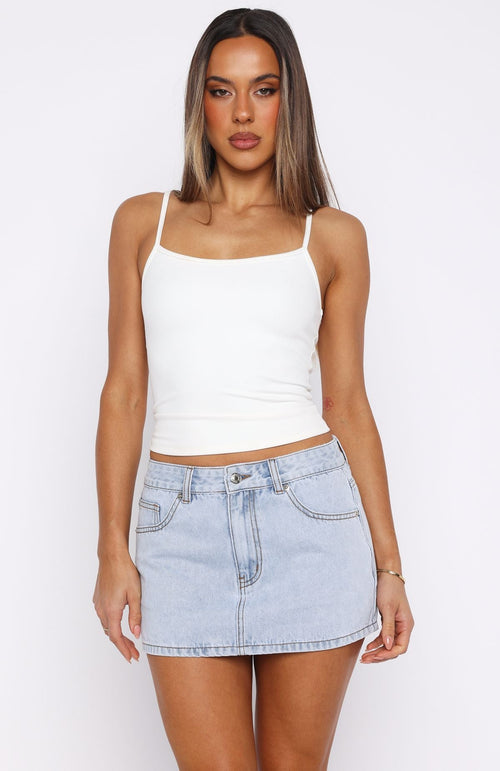 White Fox About A Girl Mid Rise Denim Mini Skirt Mid Blue
