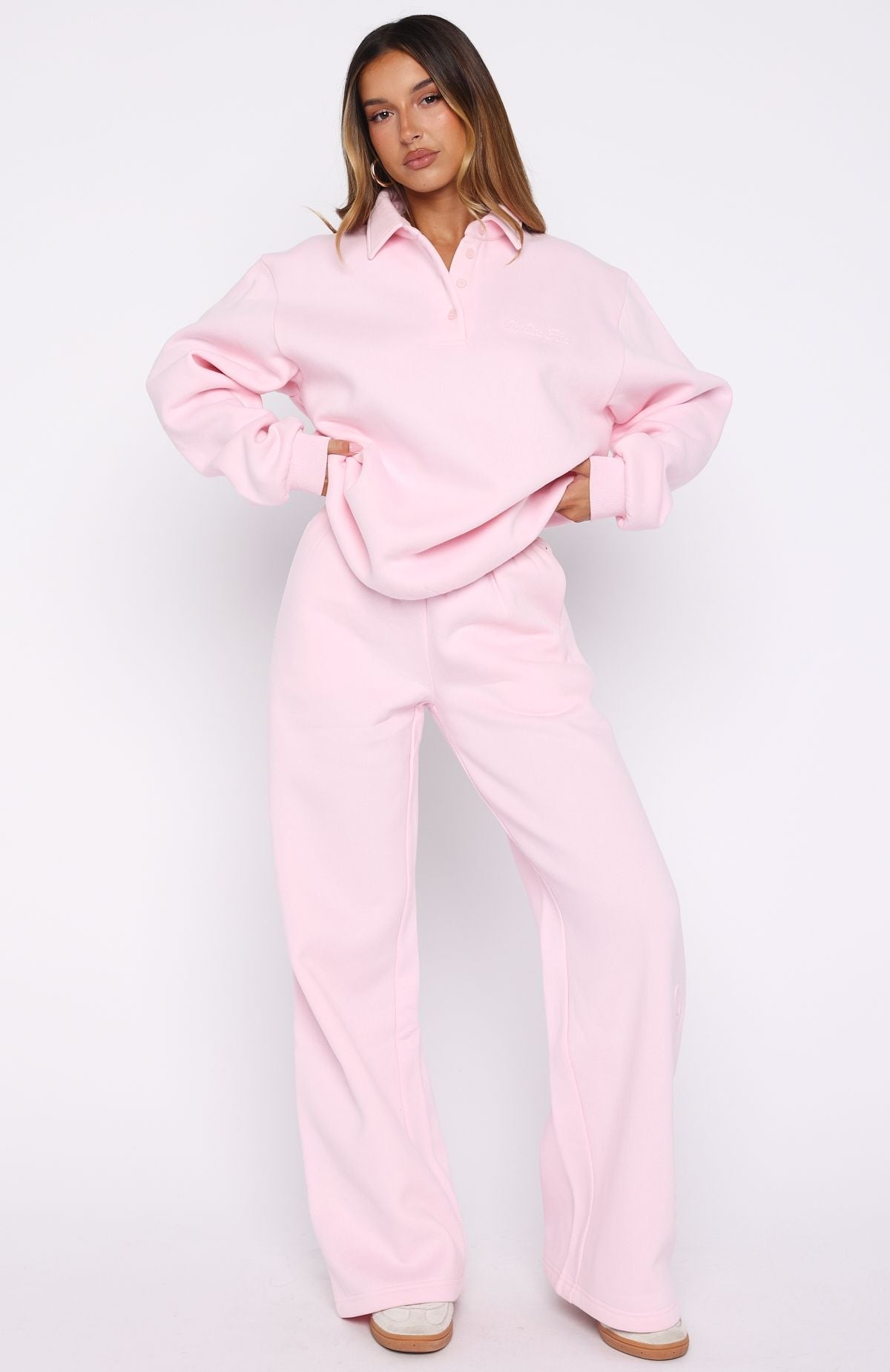 White Fox Chill Moves Oversized Henley Sweater Pink