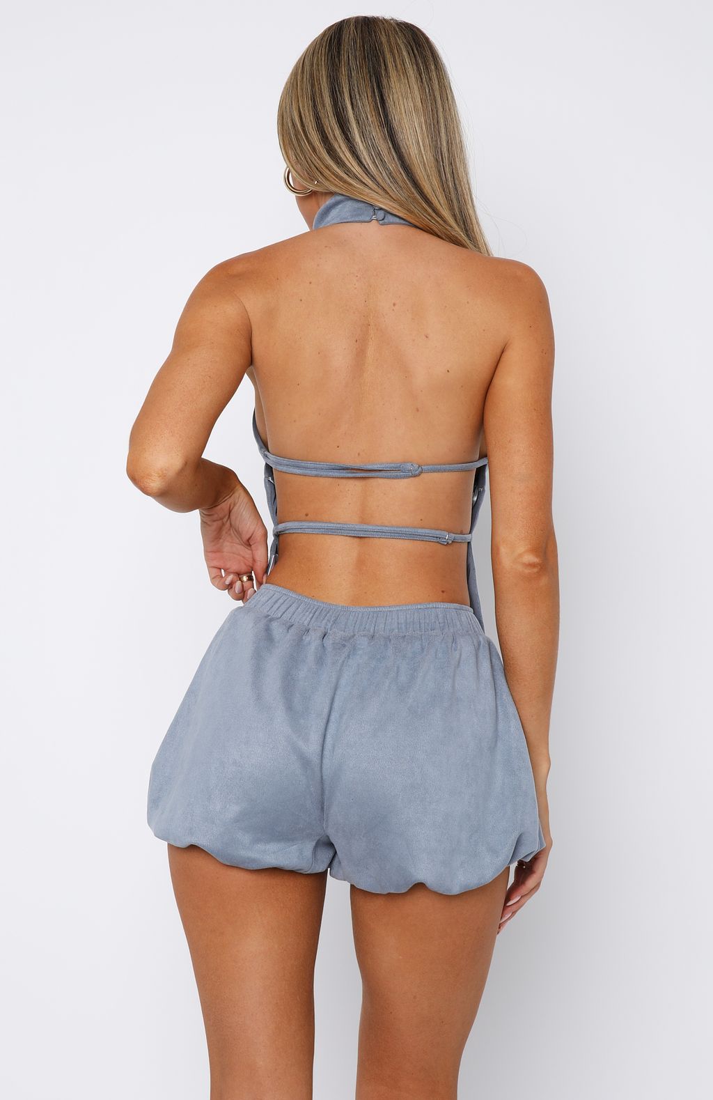 White Fox Still Love Me Faux Suede Mini Shorts Cornflower Blue