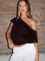White Fox Can't Change My Mind Off Shoulder Cinched Top Chocolate