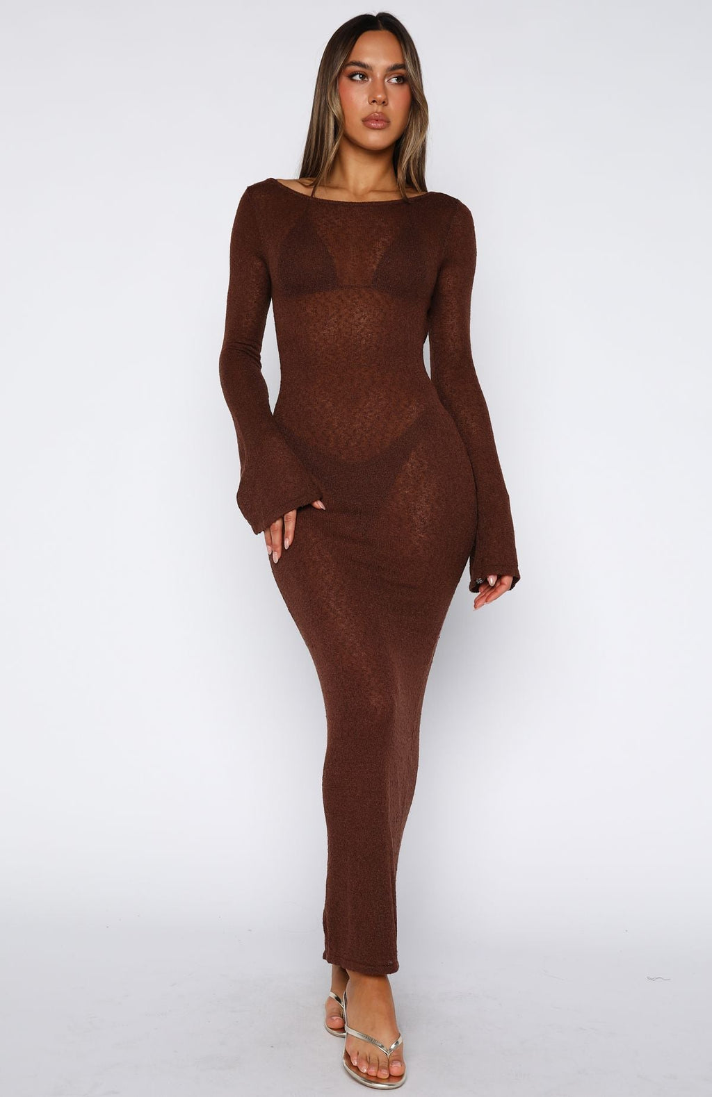White Fox Malta Mermaids Long Sleeve Maxi Dress Chocolate