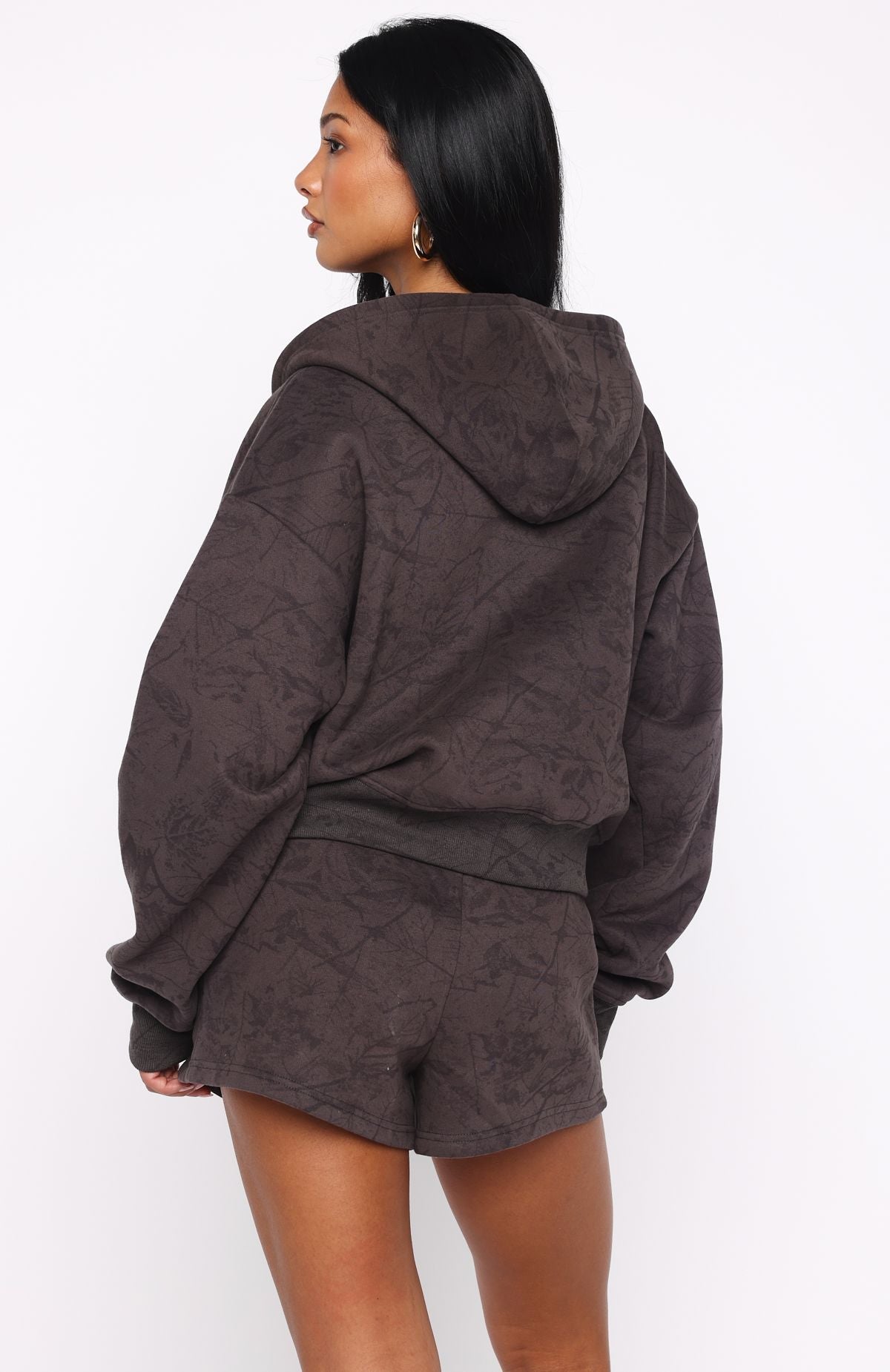 White Fox Hiding Away Boxy Zip Front Hoodie Dark Camo