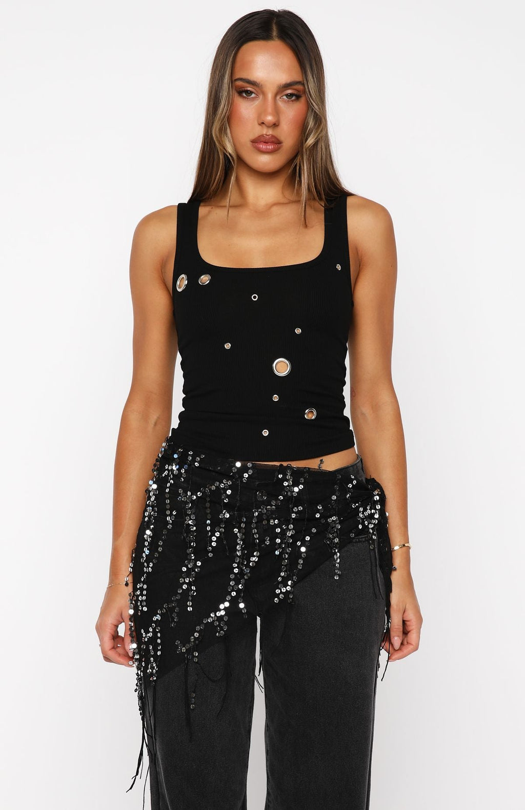 White Fox Chrome Aura Ribbed Tank Black