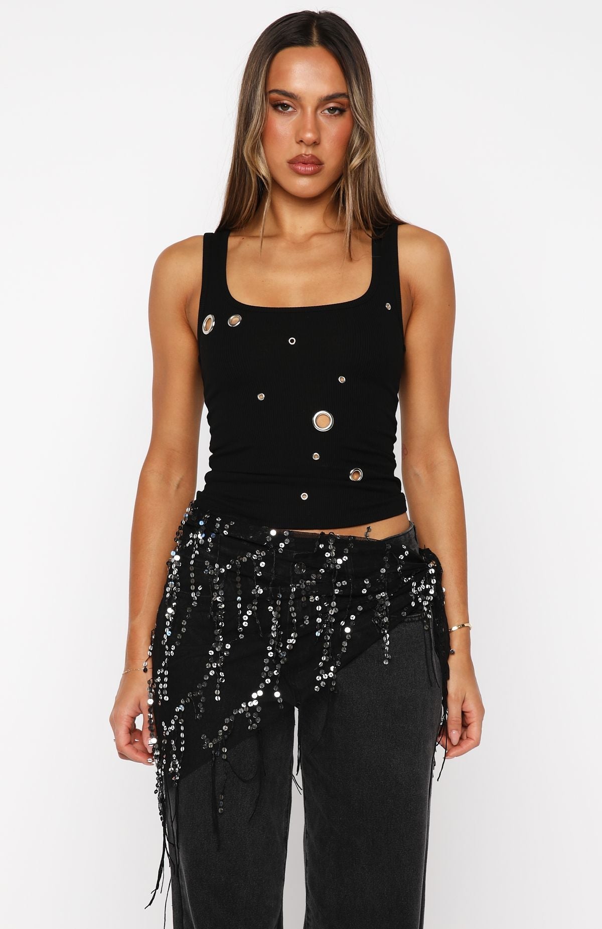 White Fox Chrome Aura Ribbed Tank Black