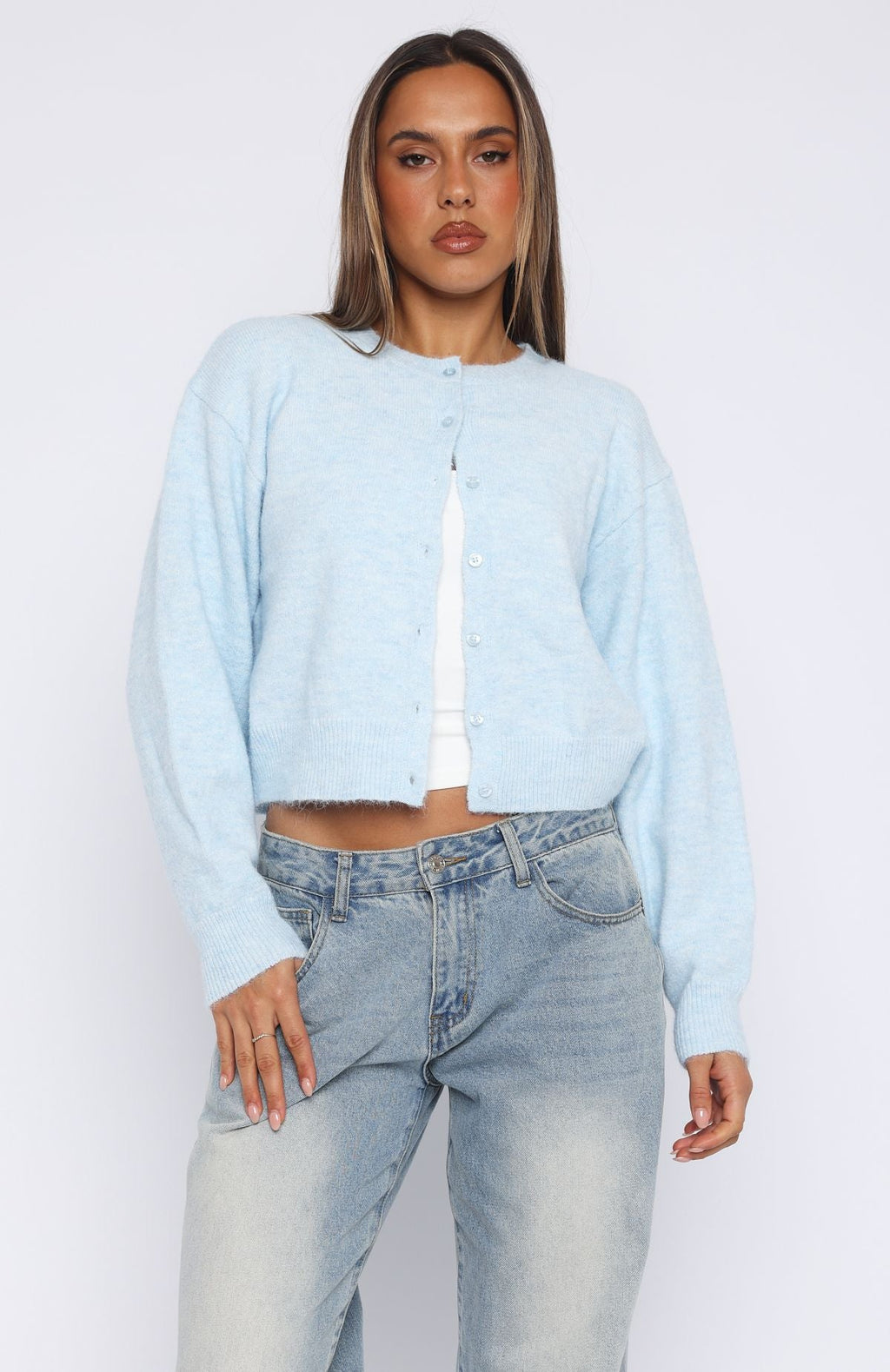 White Fox Warm Whispers Knit Cardigan Baby Blue