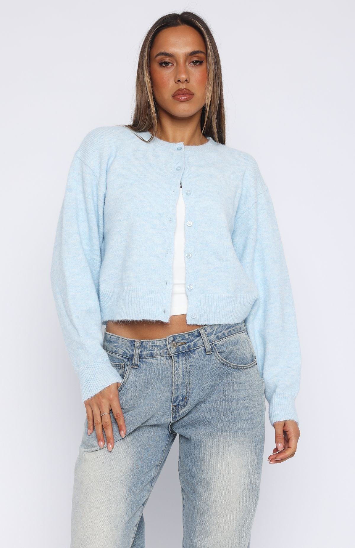 White Fox Warm Whispers Knit Cardigan Baby Blue