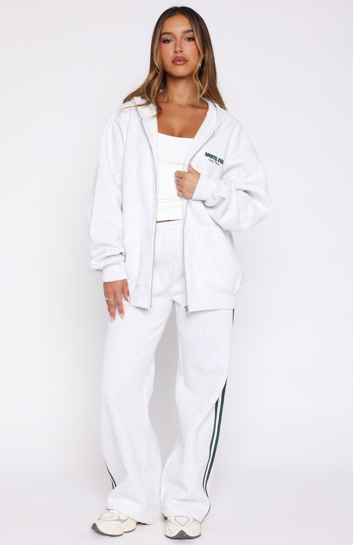 White Fox Lucky Thirteen Charise Zip Front Hoodie Grey Marle