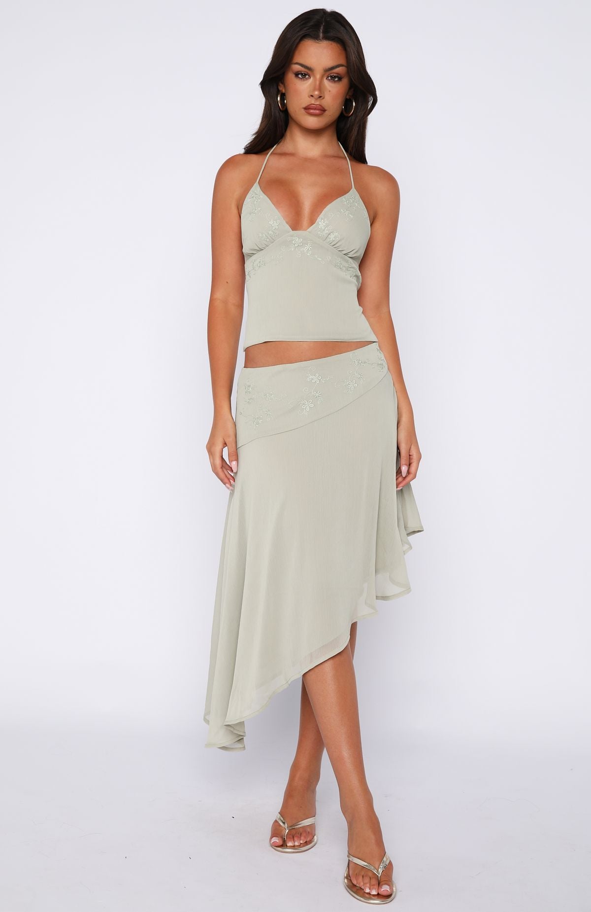 White Fox Hidden Grace Midi Skirt Sage