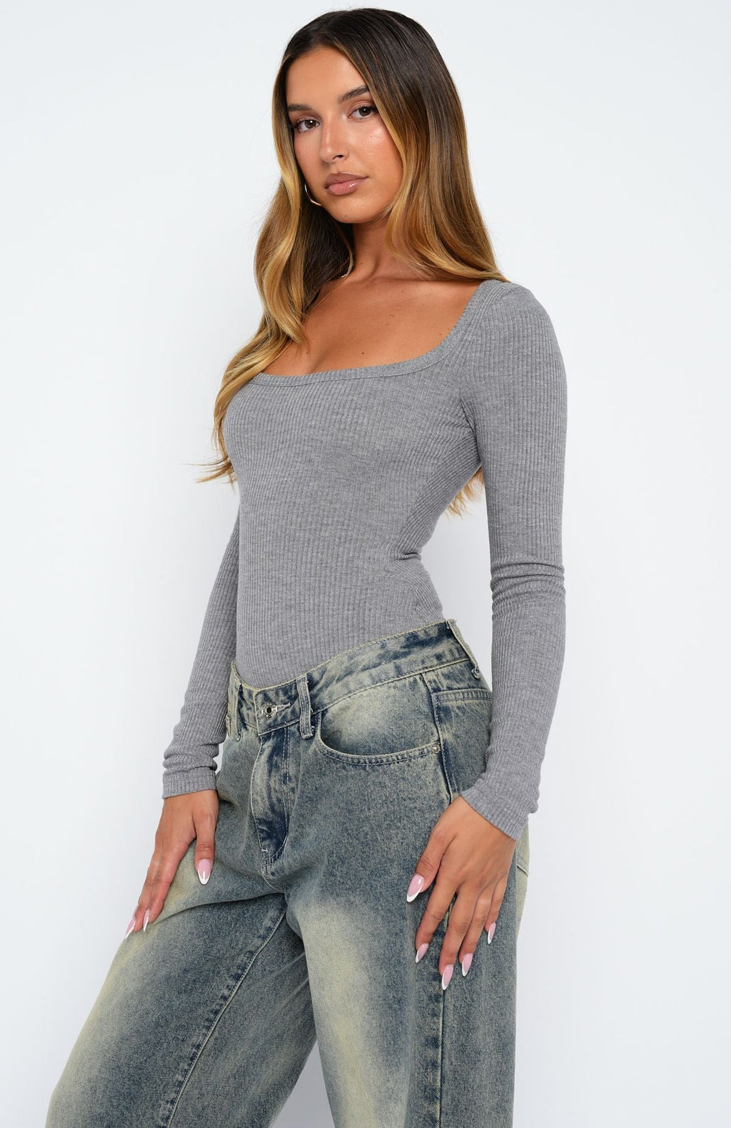 White Fox Easy Weekend Ribbed Long Sleeve Bodysuit Grey