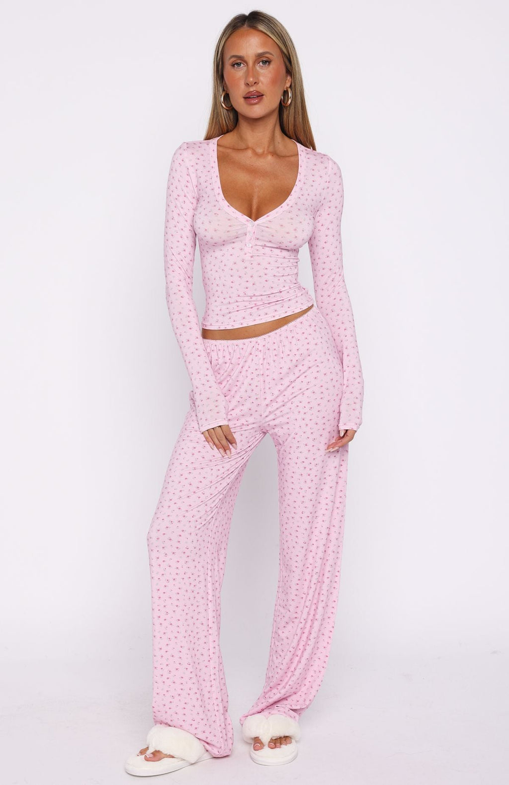 White Fox Dreamy Button Up Long Sleeve Pyjama Top Sugar Blossom