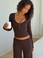 White Fox Dreamy Button Up Long Sleeve Pyjama Top Chocolate