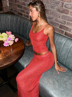 White Fox Star Shining Sequin Knit Maxi Skirt Red