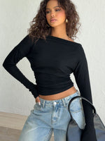 White Fox Another Time Cinched Waist Long Sleeve Top Black