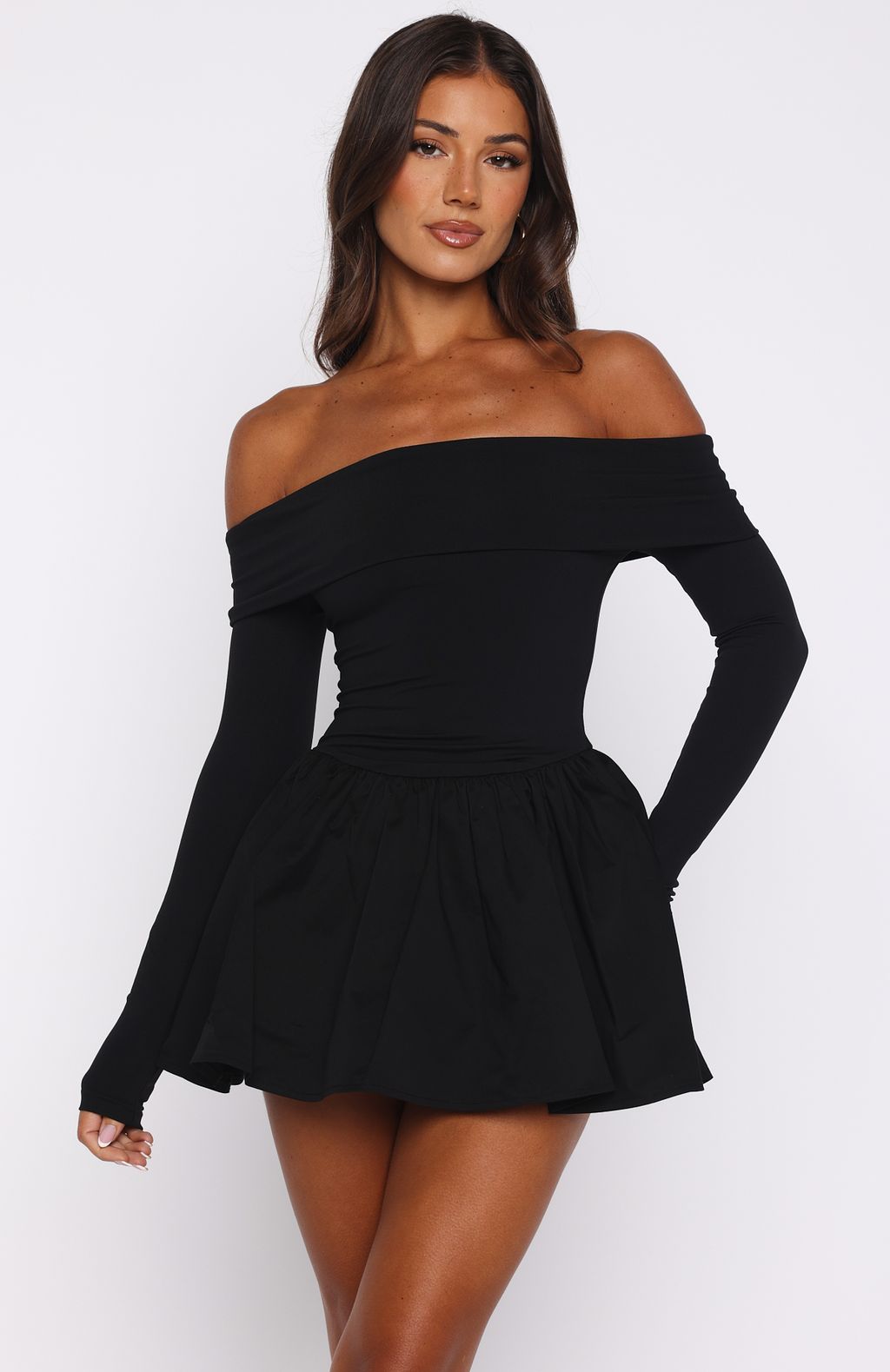 White Fox Big Reveal Long Sleeve Mini Dress Black