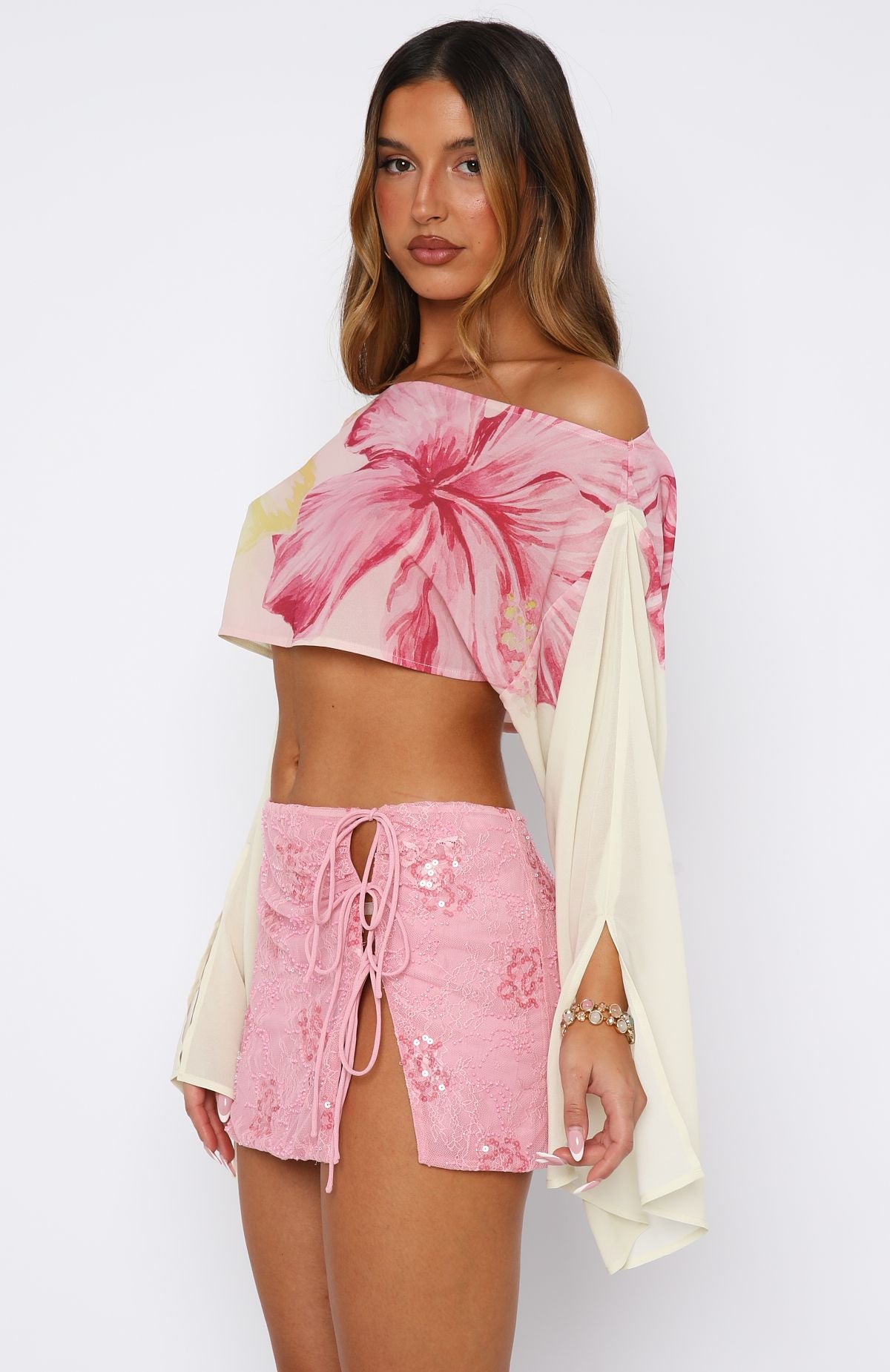 White Fox Goddess You Sequin Mini Skirt Pink