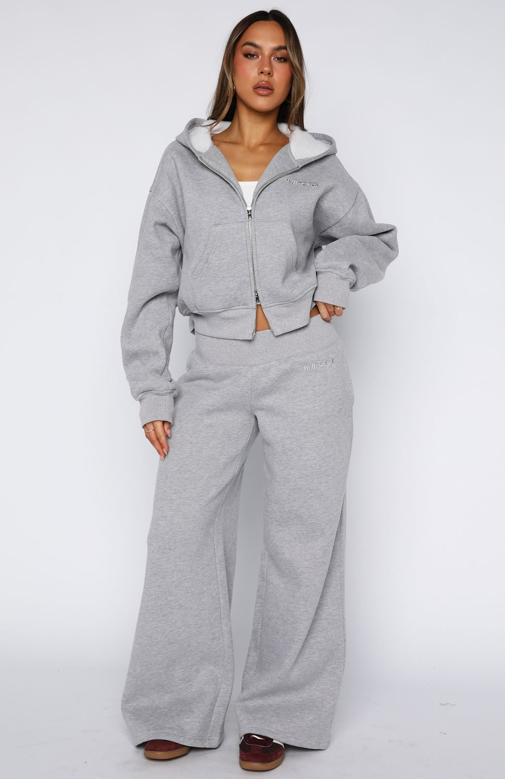 White Fox Come A Long Way Boxy Zip Front Hoodie Grey Marle