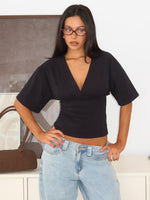 White Fox All On The Line V Neck Short Sleeve Top Black