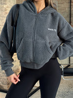 White Fox Always First Teddy Borg Boxy Zip Front Hoodie Charcoal